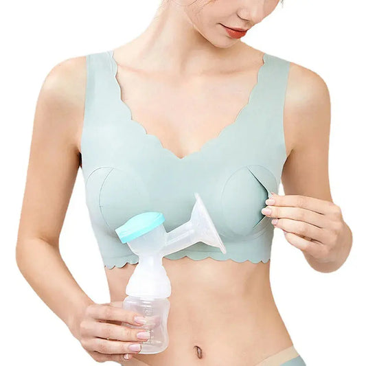 Soft Cotton Nursing Bra for women, designed for comfort and breathability during breastfeeding. Made from a nylon blend for a soft, stretchy fit. Available in Skin Color, Green, Purple, and Black. Features an easy-access design for nursing convenience