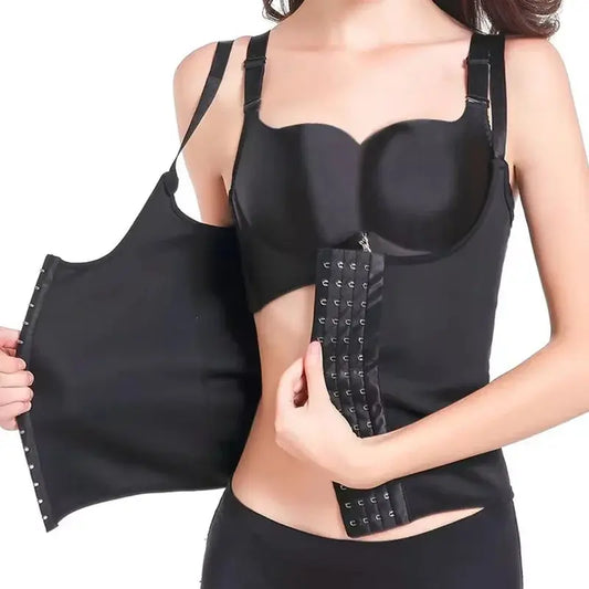 A woman wearing a body shaper corset waist trainer vest with adjustable straps, designed for maximum compression and shaping. The high-quality, stretchable fabric smooths the midsection, enhances curves, and provides a sauna suit effect for increased perspiration. Perfect for waist slimming, posture improvement, and postpartum recovery.