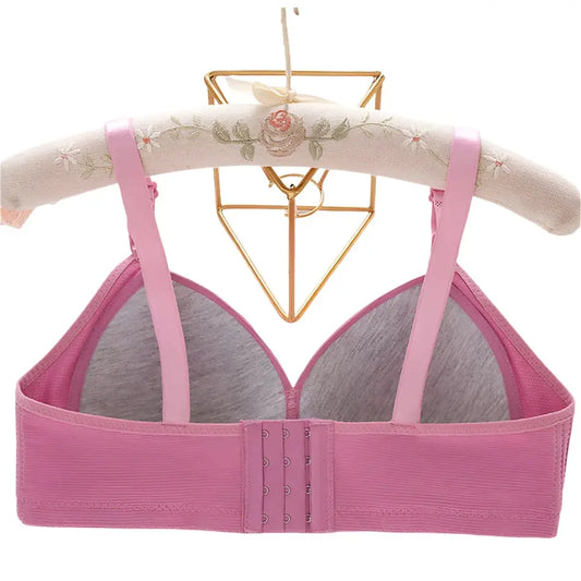 A stylish lace push-up nursing bra with a wire-free design for gentle lift and full support. Features easy-access nursing clips for convenience, made from a breathable nylon-polyester blend. Available in Black, Gray, Red, Purple, Skin Color, and Cameo Brown.