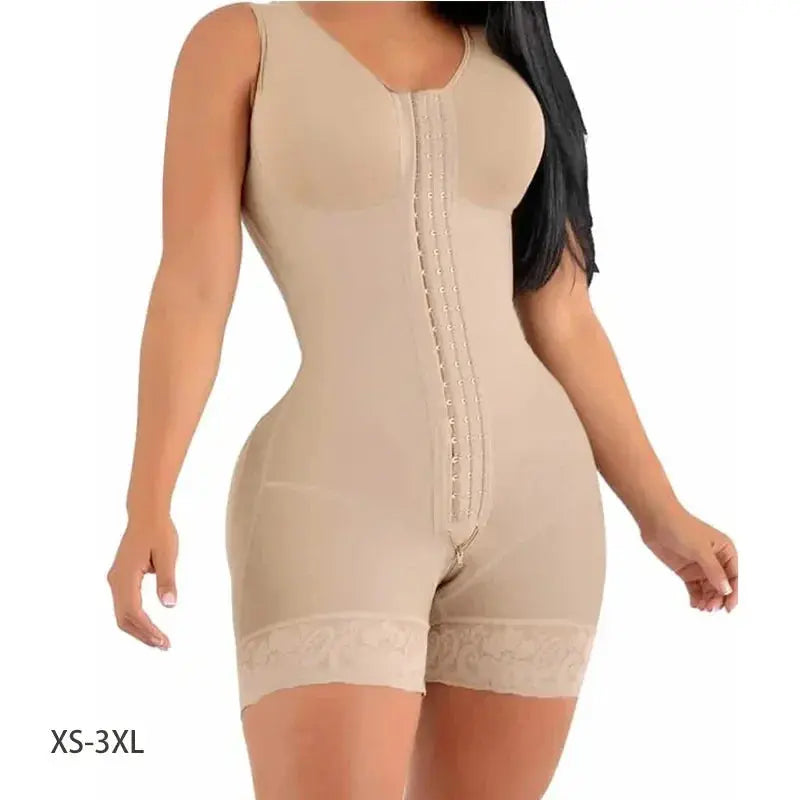 A woman wearing a postpartum full-body shaper girdle with high compression, designed for tummy control and waist slimming. Featuring brooches at the bust for extra support, this breathable and stretchy shapewear smooths and sculpts the body for a defined, flattering silhouette. Perfect for postpartum recovery and all-day comfort.