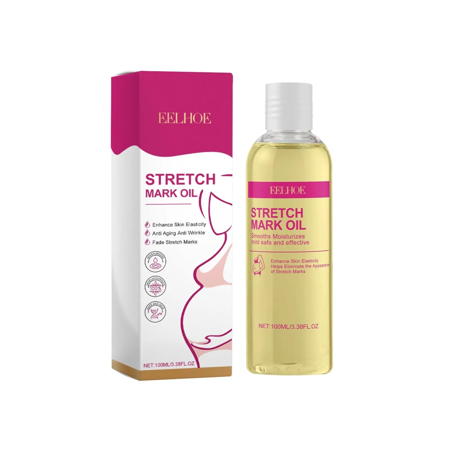 A nourishing pregnancy stretch mark prevention oil infused with collagen, Moringa seed oil, baobab seed oil, and vitamin E. Hydrates and improves skin elasticity for smooth, healthy skin during pregnancy.