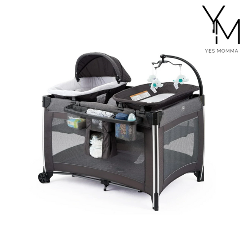 Grey 4 in 1 Portable Baby Crib Deluxe Nursery Center, Foldable Travel Playard with Bassinet, Mattress, Changing Table - Best Yes Momma