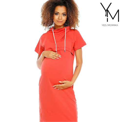 Red Maternity Dress with Hood, Zipper, and Feeding Access PeeKaBoo