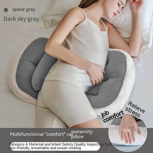 A plush faux fur pregnancy sleeping pillow designed for full-body support and comfort. Featuring ultra-soft rabbit fur fabric and high-quality polyester fiber filling, it contours to the body for restful sleep. Available in stylish colors.