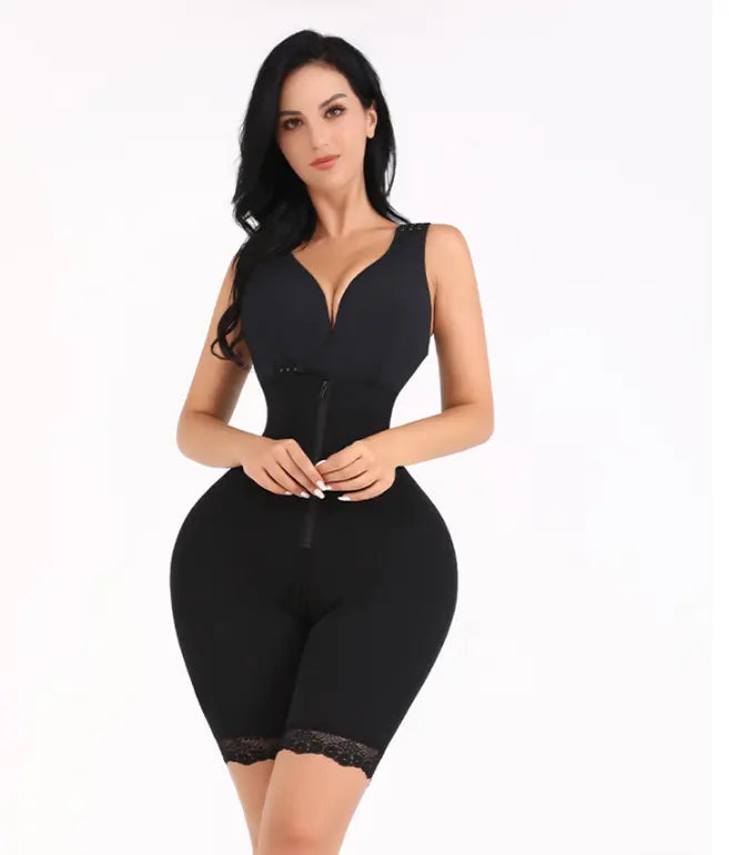 A seamless, breathable one-piece postpartum shapewear with 360° tummy control, hip lifting, and breast support. Made from stretchable polyester for a smooth, sculpted silhouette. Available in Almond and Black for all-day comfort and confidence.