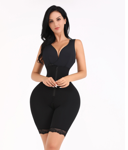 A seamless, breathable one-piece postpartum shapewear with 360° tummy control, hip lifting, and breast support. Made from stretchable polyester for a smooth, sculpted silhouette. Available in Almond and Black for all-day comfort and confidence.