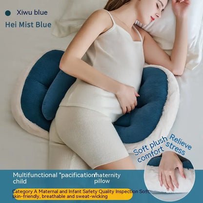 A plush faux fur pregnancy sleeping pillow designed for full-body support and comfort. Featuring ultra-soft rabbit fur fabric and high-quality polyester fiber filling, it contours to the body for restful sleep. Available in stylish colors.