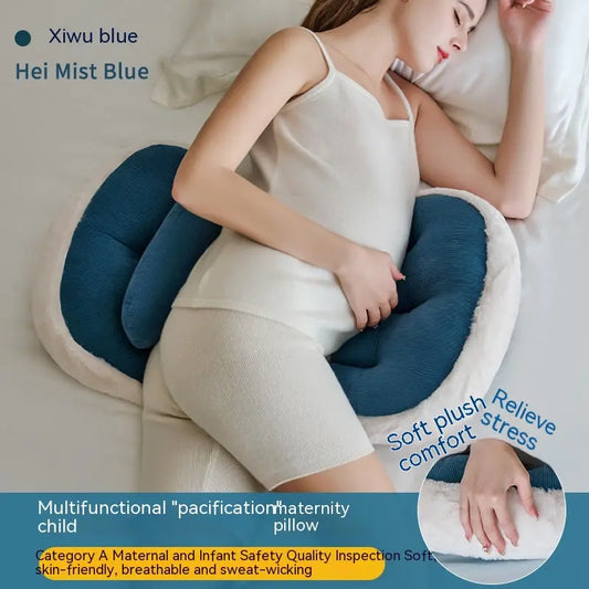 A plush faux fur pregnancy sleeping pillow designed for full-body support and comfort. Featuring ultra-soft rabbit fur fabric and high-quality polyester fiber filling, it contours to the body for restful sleep. Available in stylish colors.
