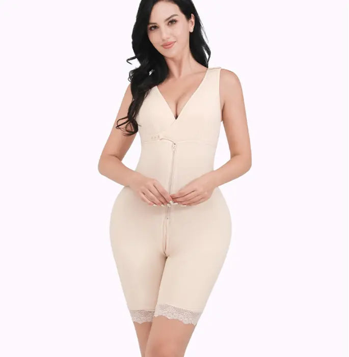 A seamless, breathable one-piece postpartum shapewear with 360° tummy control, hip lifting, and breast support. Made from stretchable polyester for a smooth, sculpted silhouette. Available in Almond and Black for all-day comfort and confidence.