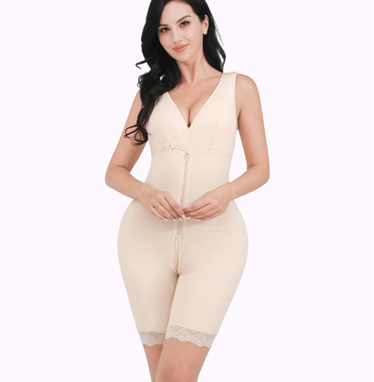 A seamless, breathable one-piece postpartum shapewear with 360° tummy control, hip lifting, and breast support. Made from stretchable polyester for a smooth, sculpted silhouette. Available in Almond and Black for all-day comfort and confidence.