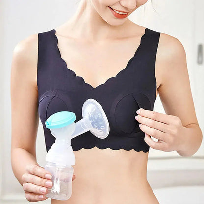 Soft Cotton Nursing Bra for women, designed for comfort and breathability during breastfeeding. Made from a nylon blend for a soft, stretchy fit. Available in Skin Color, Green, Purple, and Black. Features an easy-access design for nursing convenience