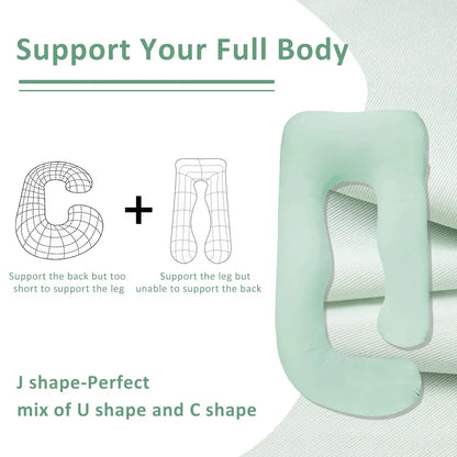 A pregnant woman comfortably resting with a full-body pregnancy pillow, designed to support the back, hips, and belly while promoting proper spinal alignment. Made from soft, breathable, hypoallergenic materials, this ergonomic maternity pillow ensures restful sleep, lounging comfort, and postpartum support.