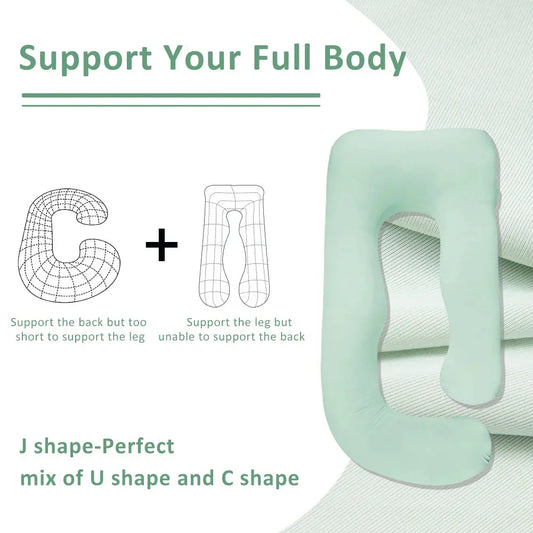 A pregnant woman comfortably resting with a full-body pregnancy pillow, designed to support the back, hips, and belly while promoting proper spinal alignment. Made from soft, breathable, hypoallergenic materials, this ergonomic maternity pillow ensures restful sleep, lounging comfort, and postpartum support.