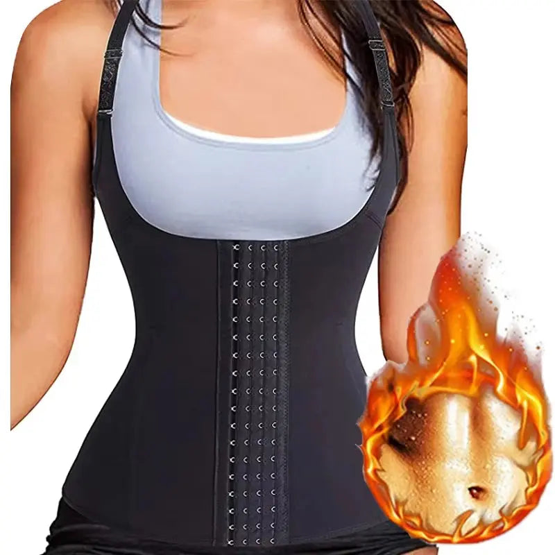  A woman wearing a body shaper corset waist trainer vest with adjustable straps, designed for maximum compression and shaping. The high-quality, stretchable fabric smooths the midsection, enhances curves, and provides a sauna suit effect for increased perspiration. Perfect for waist slimming, posture improvement, and postpartum recovery.
