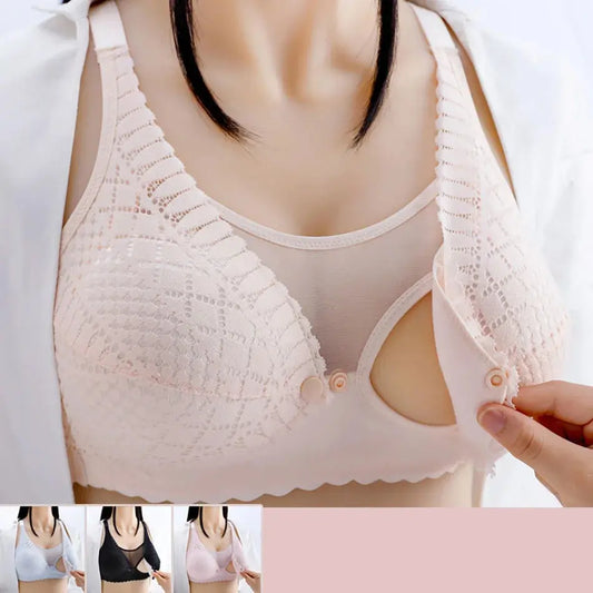  A soft, breathable, wire-free maternity nursing bra with a front button closure for easy breastfeeding. Seamless and stretchable for all-day comfort, available in Blue, Pink, Black, and Skin Color. Perfect for nursing moms at home or on the go.