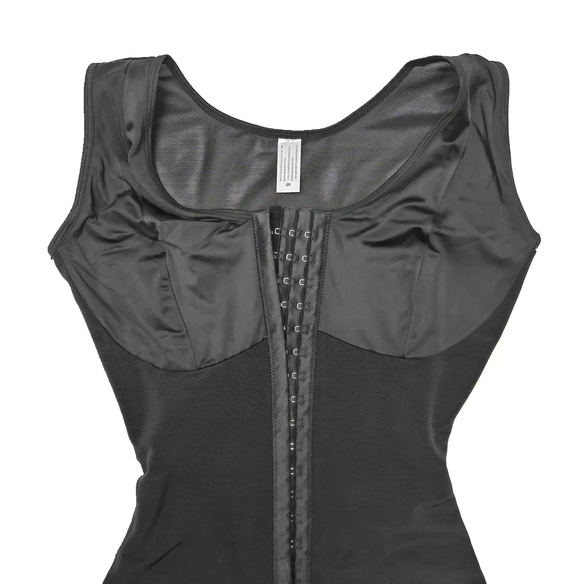 A woman wearing a postpartum full-body shaper girdle with high compression, designed for tummy control and waist slimming. Featuring brooches at the bust for extra support, this breathable and stretchy shapewear smooths and sculpts the body for a defined, flattering silhouette. Perfect for postpartum recovery and all-day comfort.