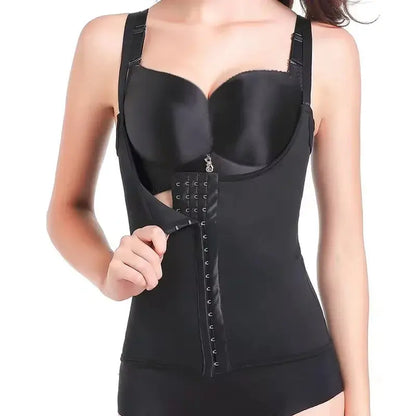  A woman wearing a body shaper corset waist trainer vest with adjustable straps, designed for maximum compression and shaping. The high-quality, stretchable fabric smooths the midsection, enhances curves, and provides a sauna suit effect for increased perspiration. Perfect for waist slimming, posture improvement, and postpartum recovery.