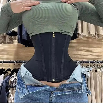  A plus-size woman wearing a waist trainer corset with a zipper vest, designed for maximum tummy control and waist slimming. Made from high-compression fabric, this body shaper provides firm yet comfortable support with adjustable straps for a secure fit. Perfect for postpartum recovery, posture improvement, and daily shaping needs.