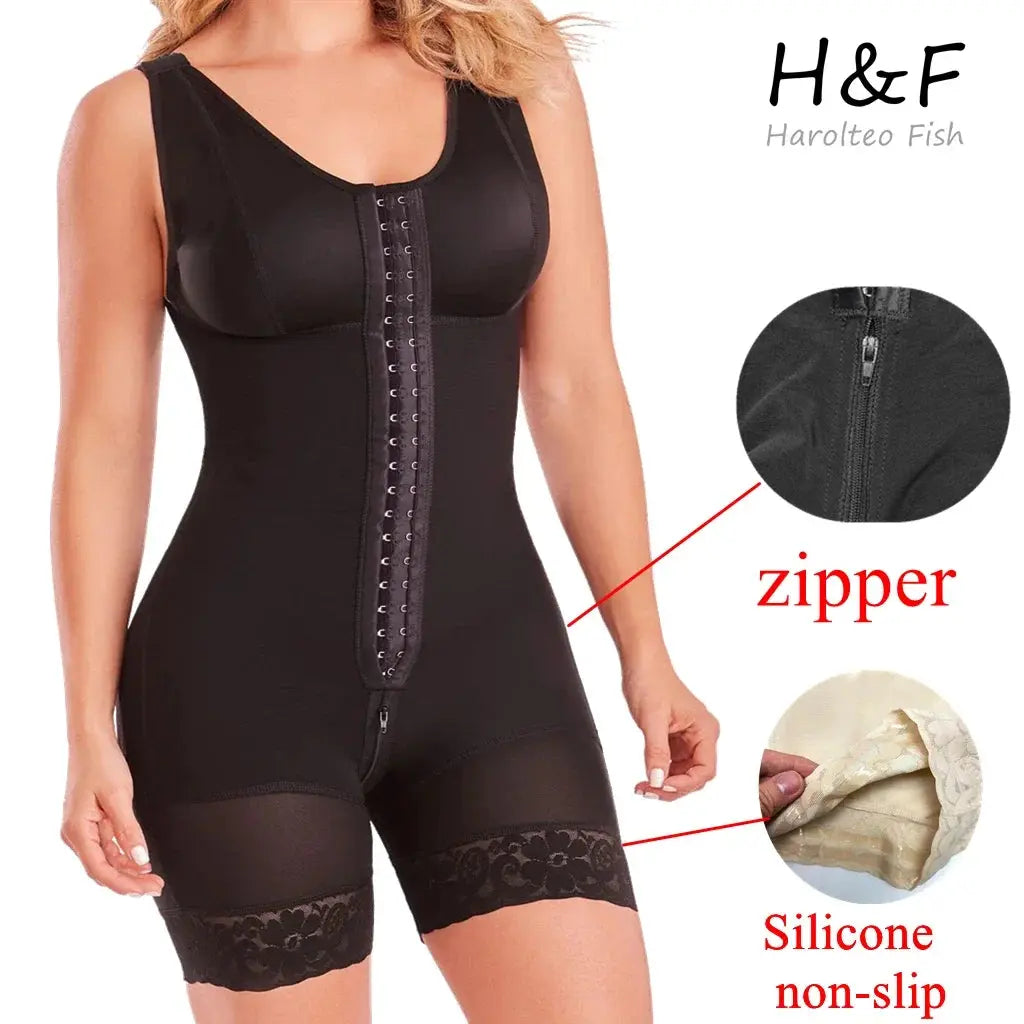 A woman wearing a postpartum full-body shaper girdle with high compression, designed for tummy control and waist slimming. Featuring brooches at the bust for extra support, this breathable and stretchy shapewear smooths and sculpts the body for a defined, flattering silhouette. Perfect for postpartum recovery and all-day comfort.