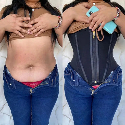  A plus-size woman wearing a waist trainer corset with a zipper vest, designed for maximum tummy control and waist slimming. Made from high-compression fabric, this body shaper provides firm yet comfortable support with adjustable straps for a secure fit. Perfect for postpartum recovery, posture improvement, and daily shaping needs.