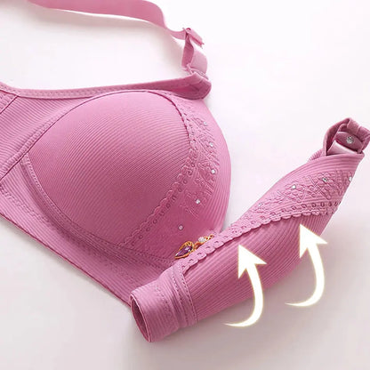  A stylish lace push-up nursing bra with a wire-free design for gentle lift and full support. Features easy-access nursing clips for convenience, made from a breathable nylon-polyester blend. Available in Black, Gray, Red, Purple, Skin Color, and Cameo Brown.