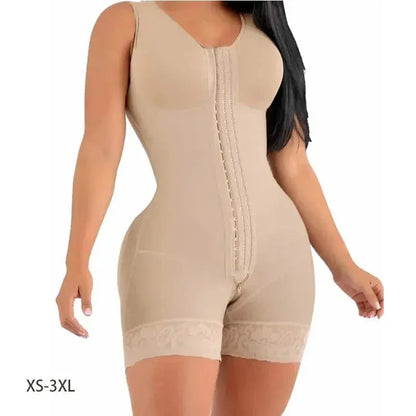 A woman wearing a postpartum full-body shaper girdle with high compression, designed for tummy control and waist slimming. Featuring brooches at the bust for extra support, this breathable and stretchy shapewear smooths and sculpts the body for a defined, flattering silhouette. Perfect for postpartum recovery and all-day comfort.