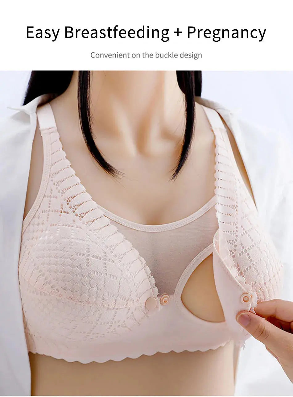  A soft, breathable, wire-free maternity nursing bra with a front button closure for easy breastfeeding. Seamless and stretchable for all-day comfort, available in Blue, Pink, Black, and Skin Color. Perfect for nursing moms at home or on the go.