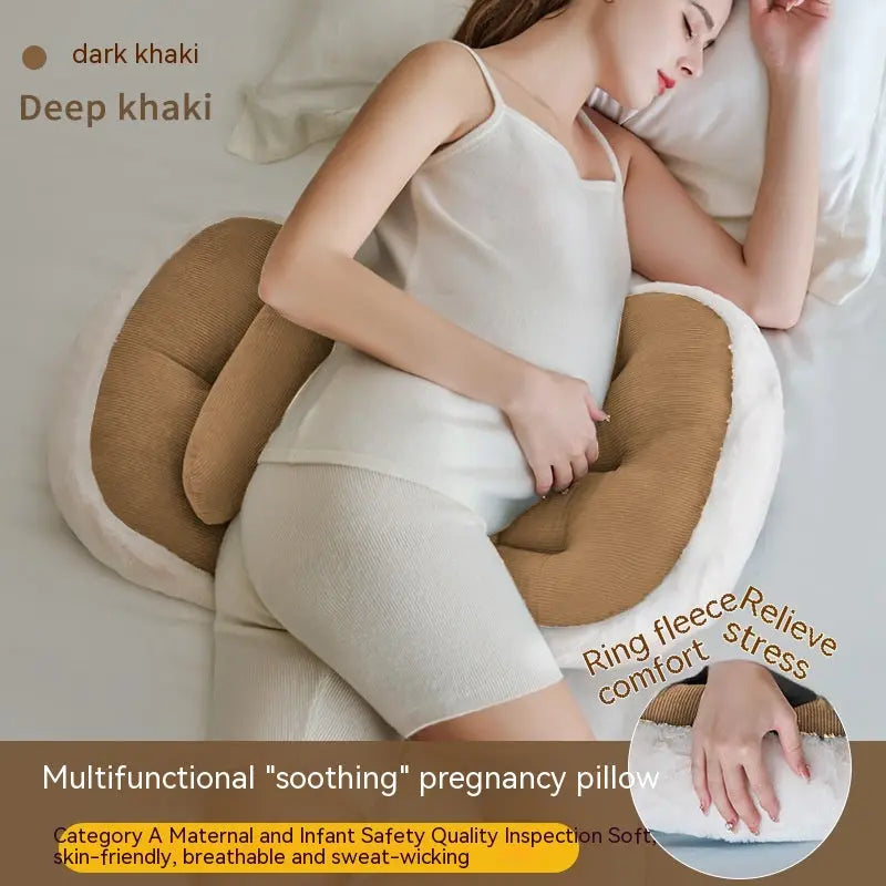 A plush faux fur pregnancy sleeping pillow designed for full-body support and comfort. Featuring ultra-soft rabbit fur fabric and high-quality polyester fiber filling, it contours to the body for restful sleep. Available in stylish colors.